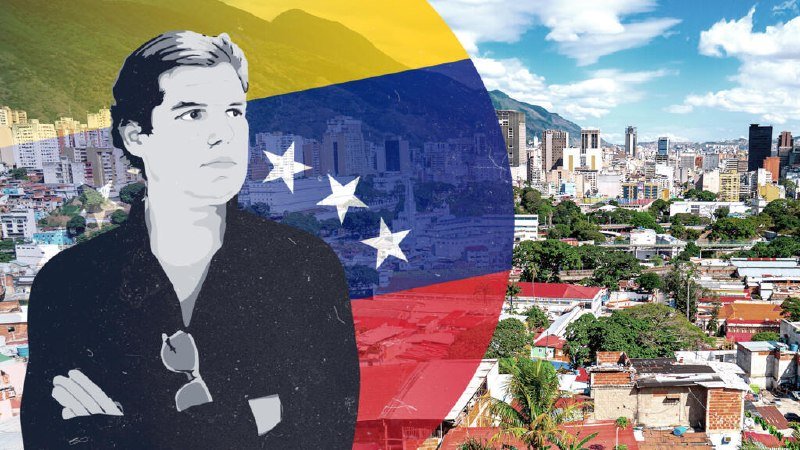 A black-and-white illustrated portrait of a young man with crossed arms overlays the Venezuelan flag and a cityscape backed by mountains under a cloudy sky.