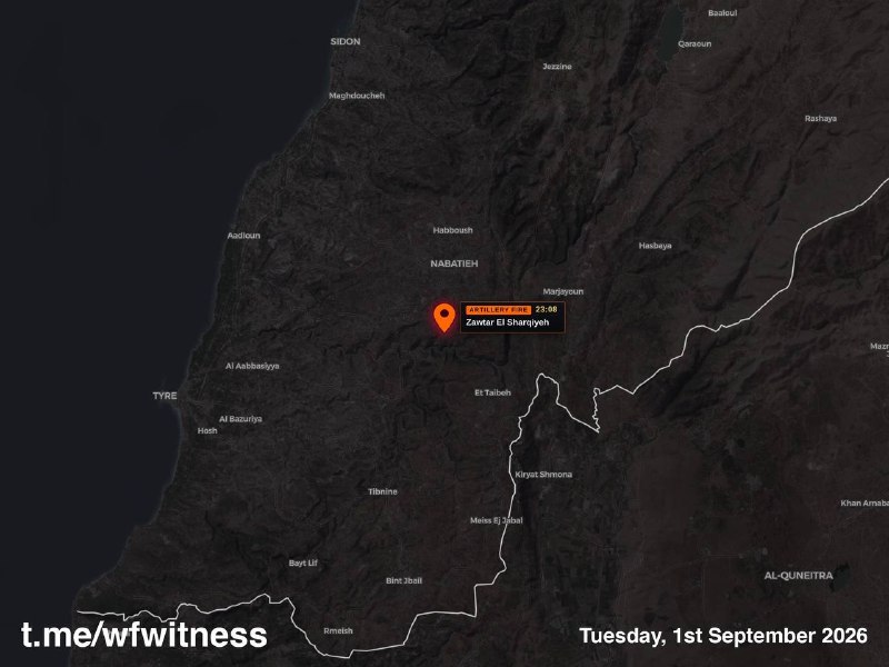 Still frame from field footage shared on Telegram on 1 September 2026 showing repeated Israeli artillery shelling over the Ali al-Taher area in southern Lebanon.