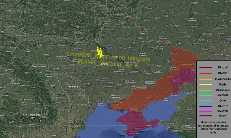 A satellite map of Eastern Europe displays colored regions over Ukraine with a legend identifying missile systems like Kinzhal, Kh-101, Iskander-M, and Kalibr.