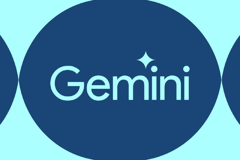 A graphic logo features the word "Gemini" in light blue text with a four-point star above the "i," set against a dark blue circular background on a light teal backdrop.