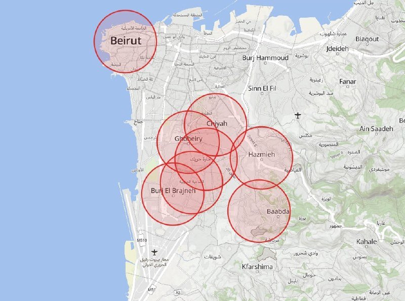 A map of the Beirut area displays red circles highlighting neighborhoods including Beirut, Chiyah, Ghobeiry, Burj El Brajneh, Hazmieh, and Baabda.