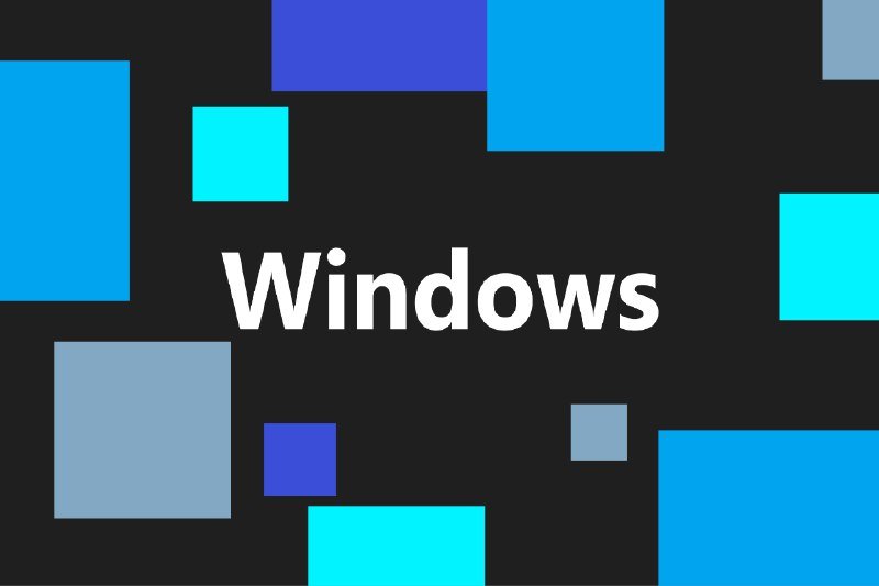 The word "Windows" in white text appears centered on a black background surrounded by scattered blue and cyan squares of varying sizes.