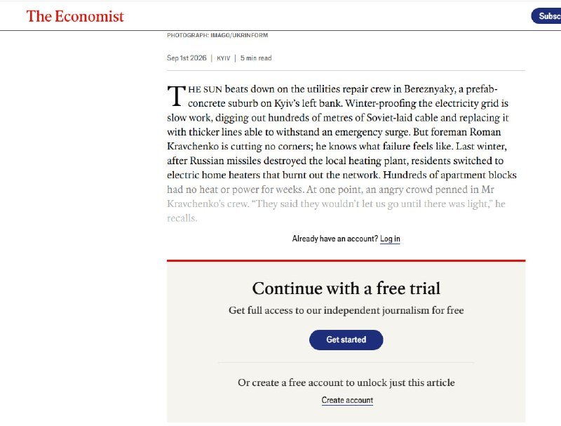 A screenshot of an Economist article dated Sep 1st 2026 shows a paywall prompting users to continue with a free trial to access the full piece about Ukraine's electricity grid repairs.