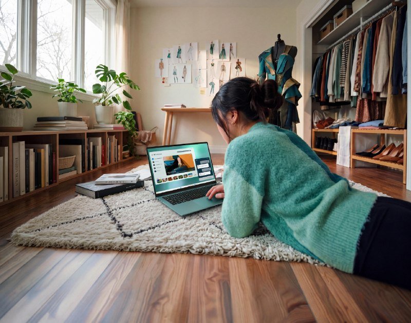 A woman in a green sweater lies on a shag rug using a laptop, with a clothing rack, mannequin, and fashion sketches visible in the room.