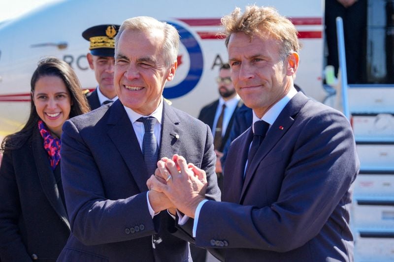 French President Emmanuel Macron and Canadian Prime Minister Mark Carney at their joint appearance on Saint Pierre and Miquelon, 20 September 2026.