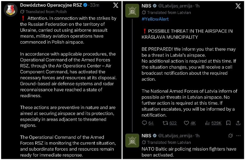 Polish airspace alert issued to residents of Lublin Voivodeship during a Russian drone attack on Ukraine, 21 September 2026.