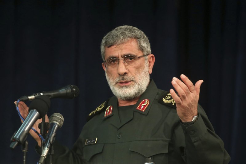 Iran's IRGC Quds Force Commander Brig. Gen. Esmail Qaani delivers remarks marking the second anniversary of the killing of senior Hezbollah leaders.