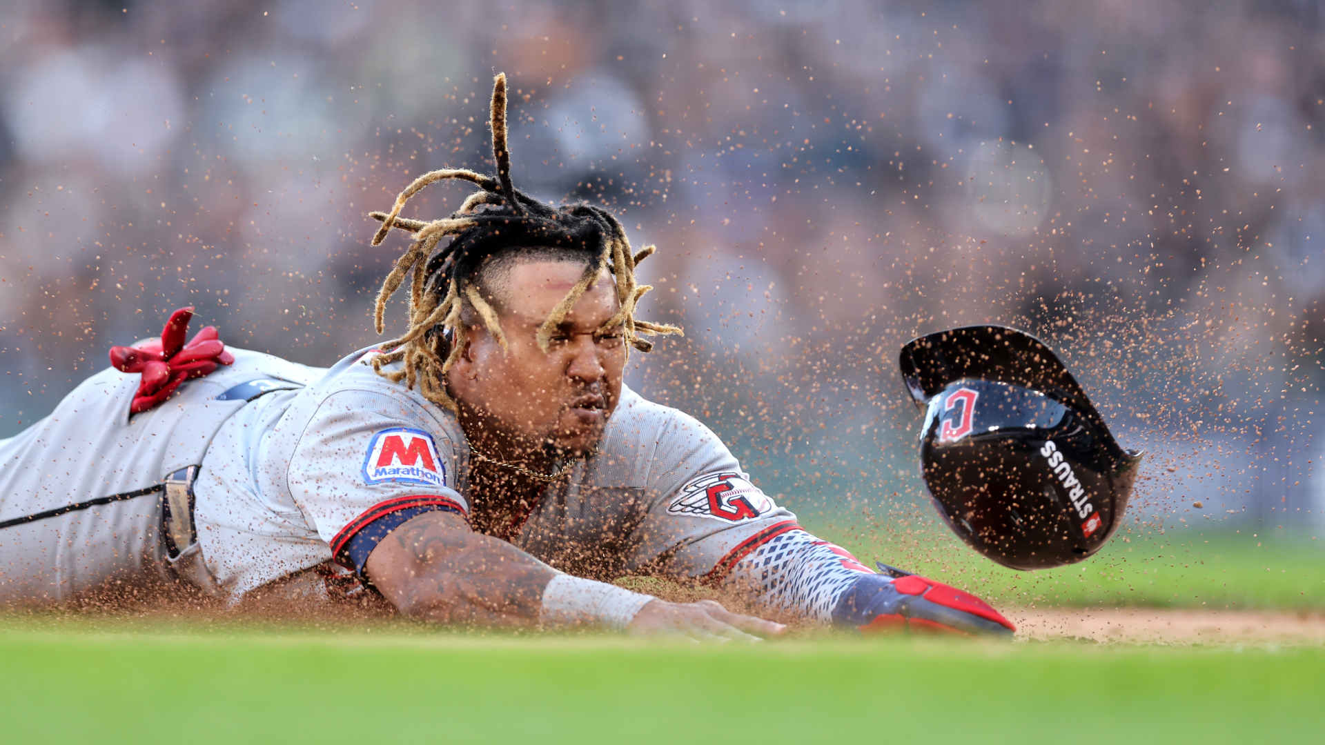 José Ramírez reacts during Cleveland's Game 3 win over the Chicago White Sox on 7 October 2026 at Guaranteed Rate Field.