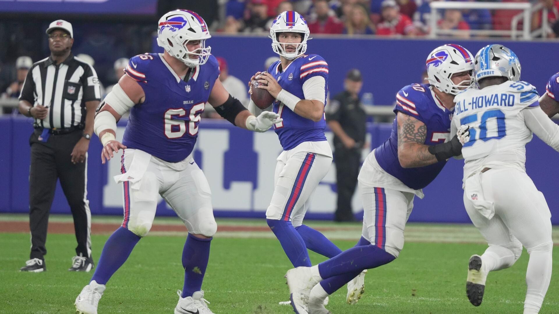 Josh Allen in Bills gear during a 2026 regular-season home game at Highmark Stadium.