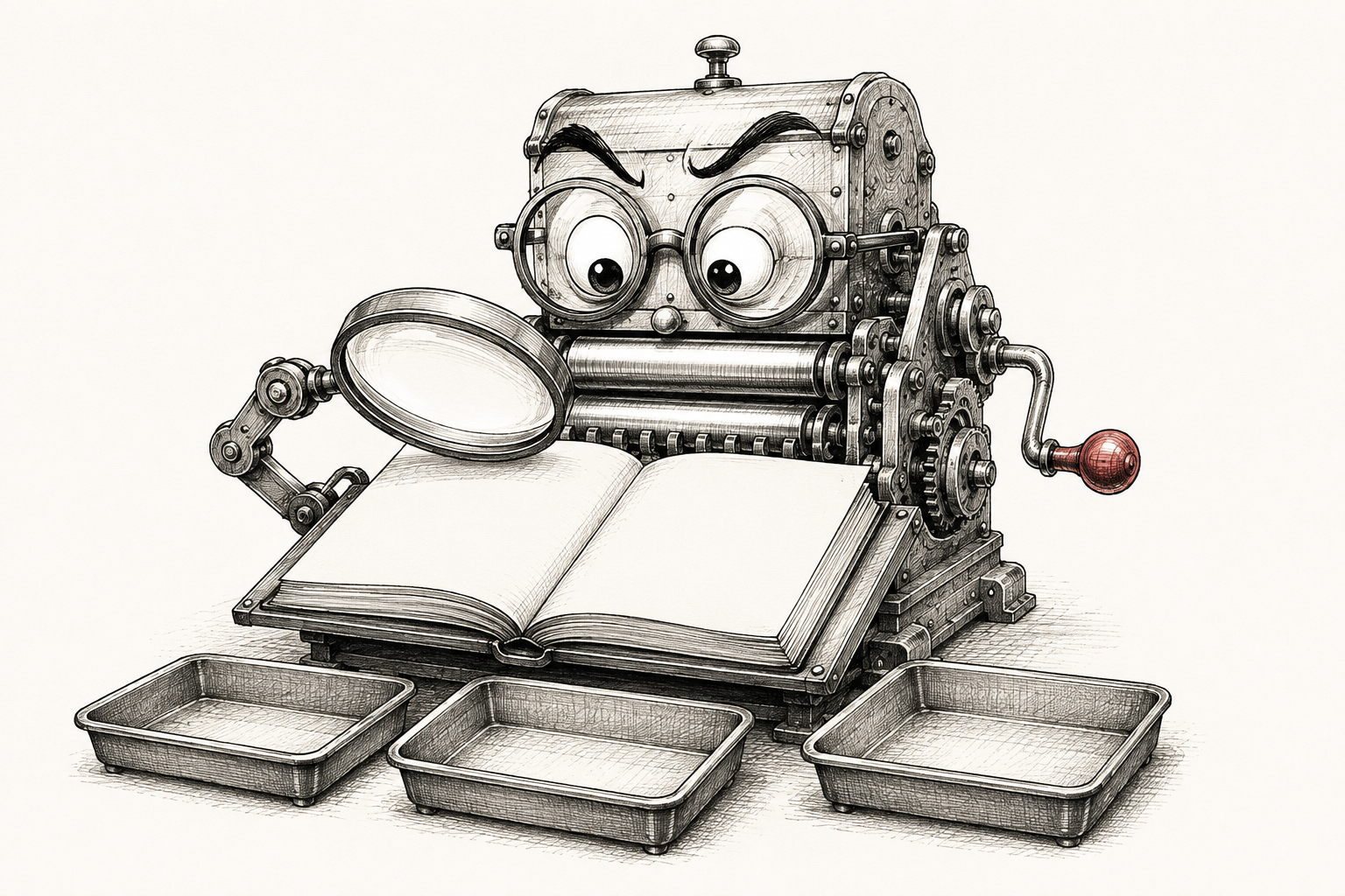 An imaginary counting machine with spectacles studies a blank ledger through a magnifying glass. Three empty trays sit below it.